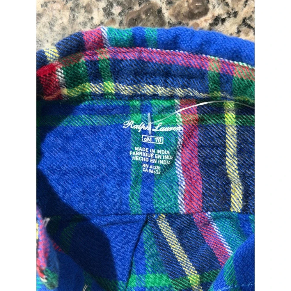 Ralph Lauren Blue Plaid Flannel Button Down Shirt Kids 6M Pony Logo